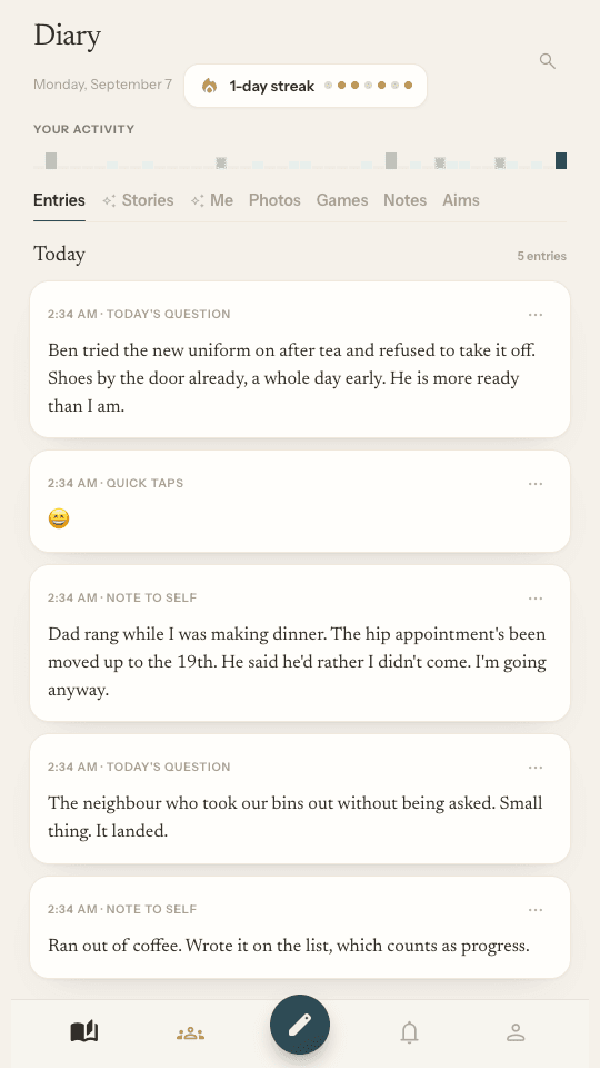 The Diary tab on a phone: today's entries under the streak pill