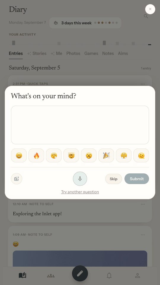 The day's question card over the diary, with the emoji row and the Voice button