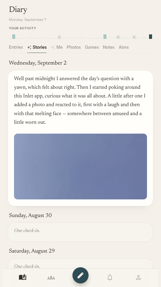 The Stories tab: a day's entries written up as one narrative