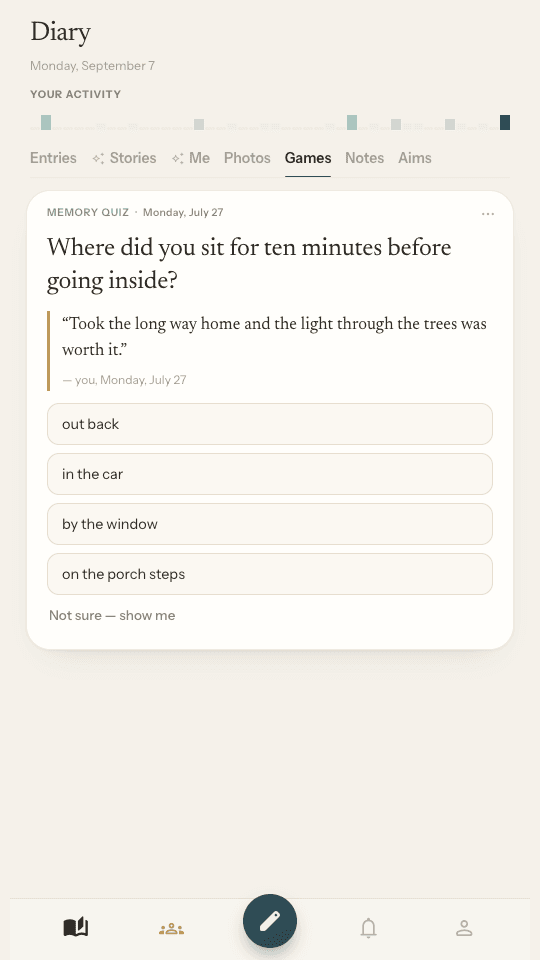 The Games tab: a multiple-choice memory quiz built from the writer's own entry